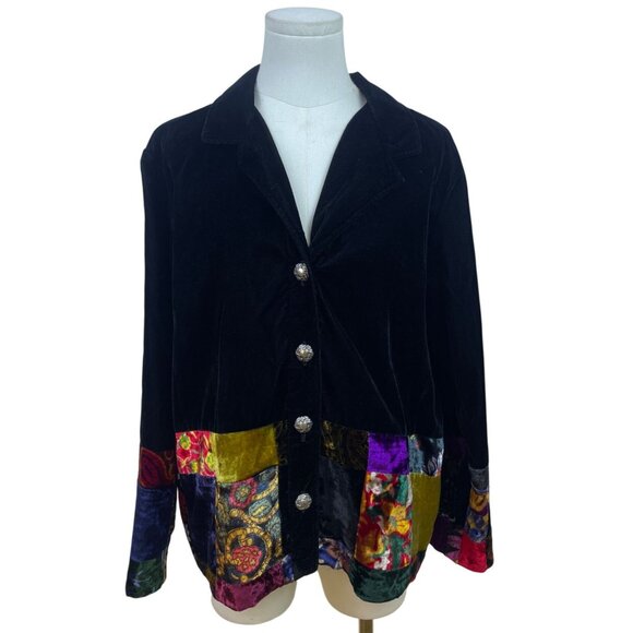 Coldwater Creek Women's Black Velvet Button Up Jacket Patchwork Detailing Sz P/L - Picture 1 of 7